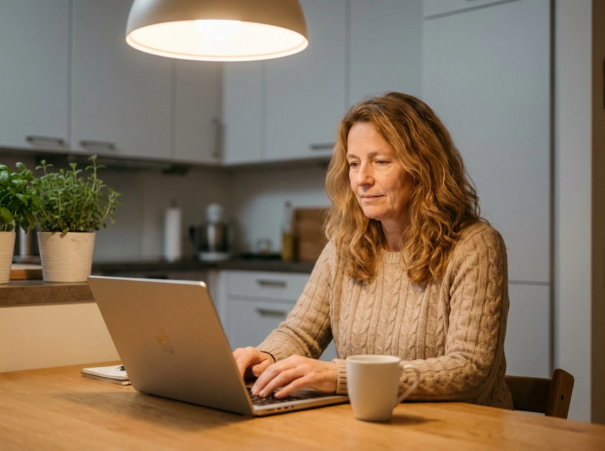 Krankenschwester Mitte 40 sitzt abends mit Kaffeetasse am Küchentisch und liest ein PDF auf dem Laptop.